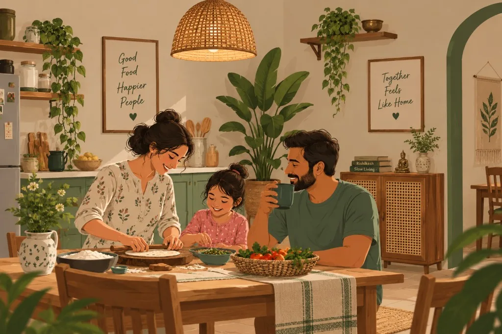 Family cooking together in a homestay kitchen