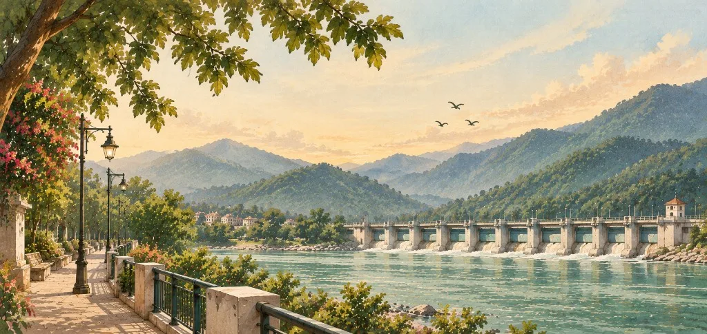 River, barrage, and tree-lined walk at Veerbhadra, Rishikesh